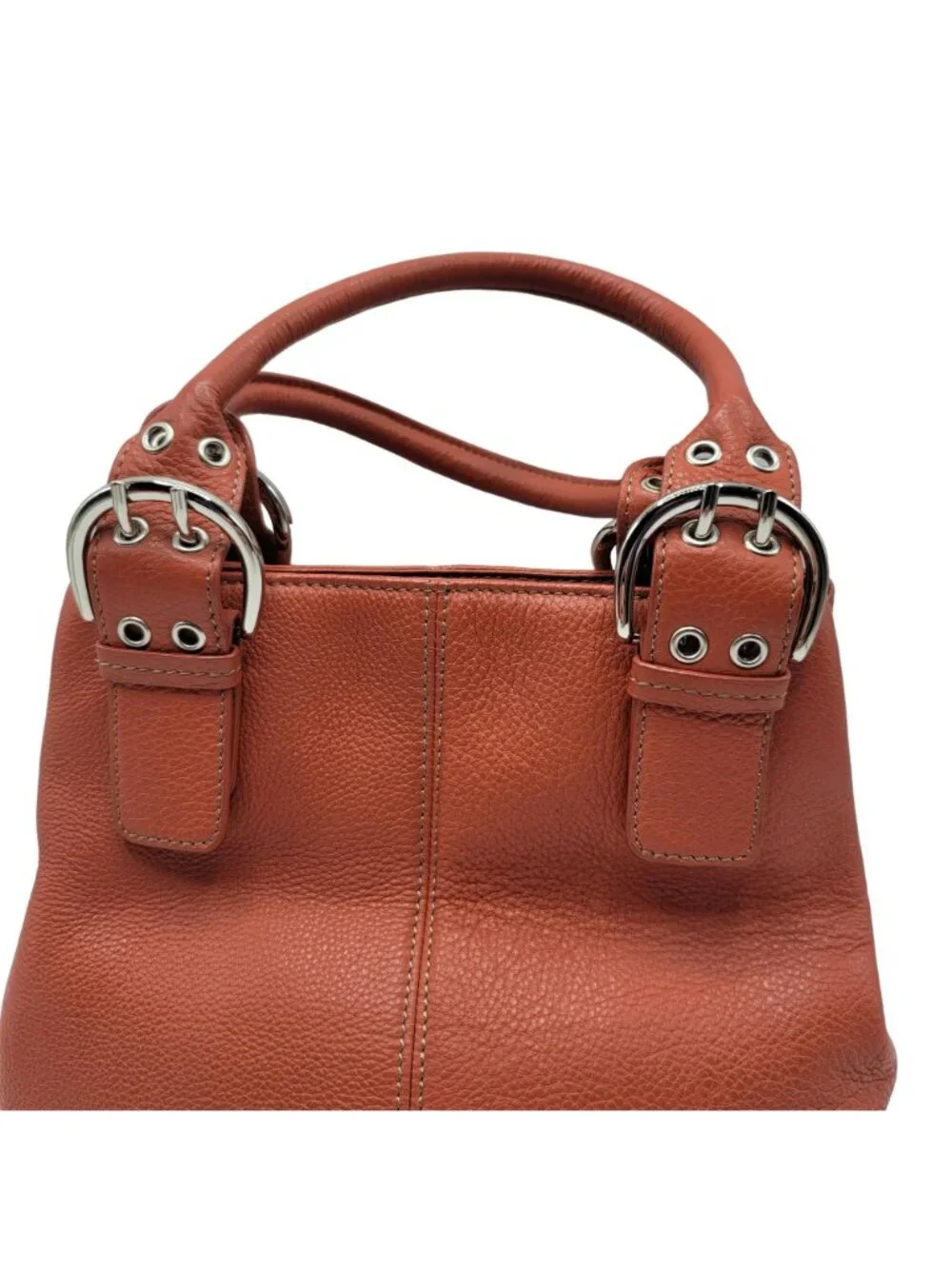 Clarks Pebbled Leather Satchel Handbag Brown Burnt Orange Buckle Dual Handles